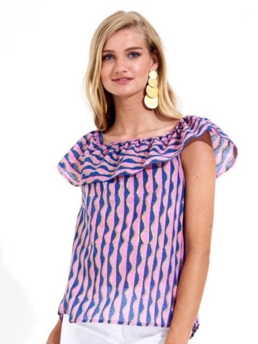 NWOT Oliphant Mari block print on off shoulder ruffle top XS